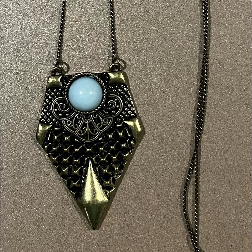 Mudd Vintage Gold and Black Pendant Necklace with Light Blue Stone